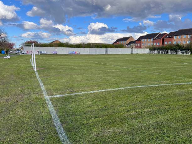 istock Freshly cut and marked grassroots football pitch 2129453281