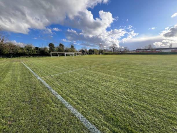 istock Freshly cut and marked grassroots football pitch 2129455898