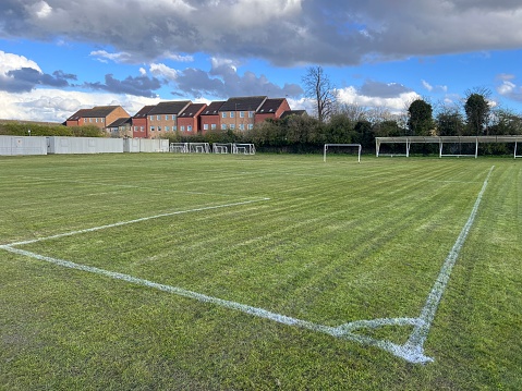 Freshly cut and marked grassroots football pitch