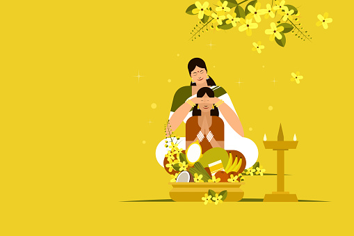 Illustration of a mother blindfolds her daughter in front of auspicious things.Concept for 'Vishu' festival in Kerala