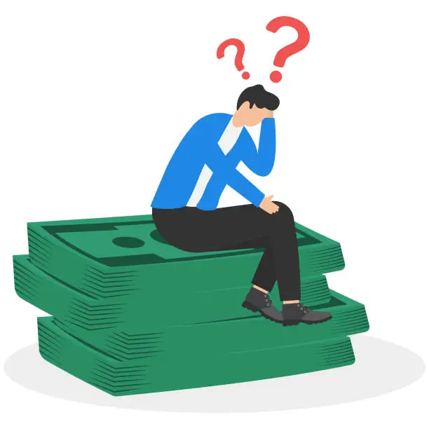 Vector illustration of Seeking innovative solution to grow money, thinking about where to invest, financial strategic thinker concept, Businessman thinking about where to make money on pile of banknote.
