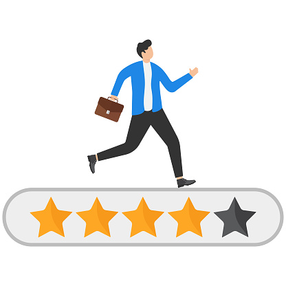 Aspiration and motivation for self-development, skill enhancement to boost productivity, expectation to be qualified employee, Businessman running on 5-star rating loading panel.