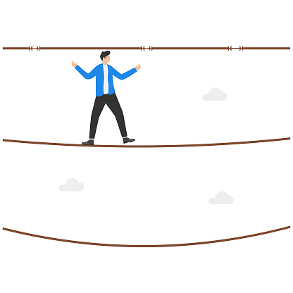 Doing business with careful planning, working with middle line management for sustainable growth concept, Businessman walking on middle rope between taut rope and slack rope.