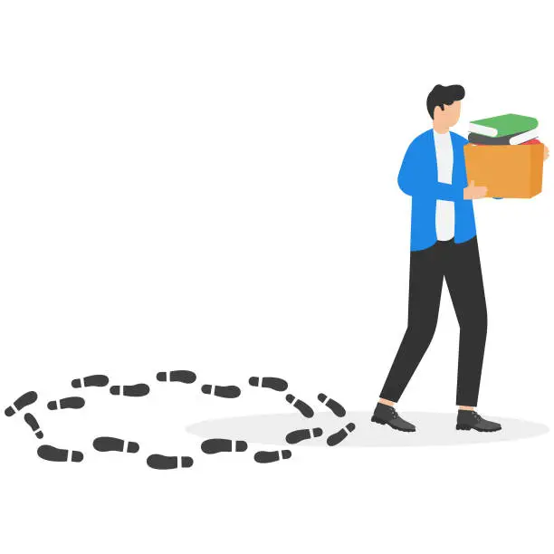 Vector illustration of Leave job with repetitive tasks, start new career path, self motivation to face new challenge concept. Businessman stepping out of circle of footprints metaphor of finishing endless career loop.