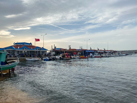 Silivri, Istanbul, Turkey - November 06, 2023: Fishing boats at Silivri Port of Istanbul city. Silivri is a touristic seaside resort on the European side of Istanbul