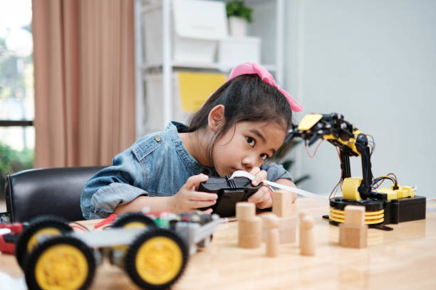 istock A young girl is playing with a remote control a robot 2129479963