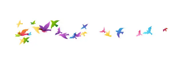 Vector illustration of Flying rainbow birds. Decoration element from scattered colorful silhouettes.