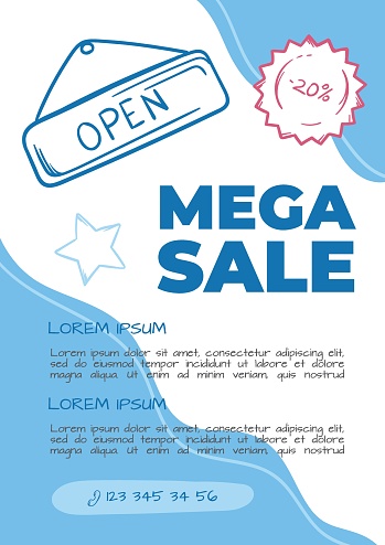 Blue flyer design with mega sale promotion. Editable vector template for print, banner, ad. Hand drawn illustration.
