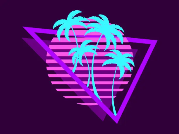 Vector illustration of 80s retro sci-fi palm trees on a sunset. Retro futuristic sun with palm trees in a triangular frame. Synthwave style. Design for advertising brochures, banners and posters. Vector illustration