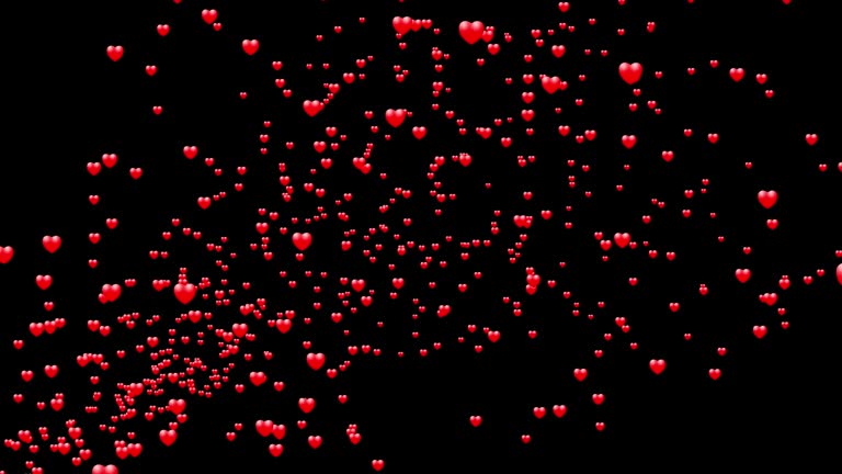 Flying red hearts on a black background.