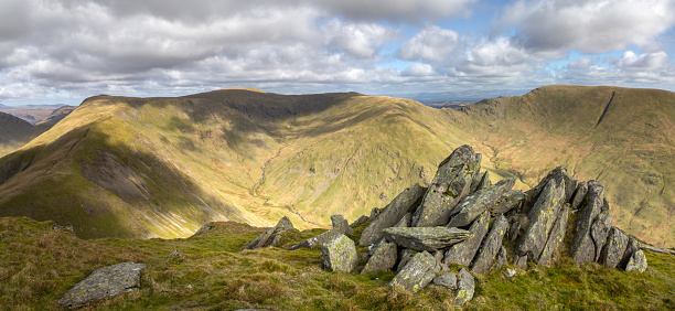 The Kentmere round fells in the Far Eastern area of the English Lake District in early Spring on a sunny day with dappled light.