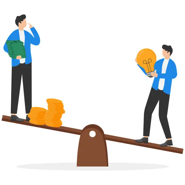 Vector illustration of Knowledge is more important than having lots of money concept. Weight comparing between smart businessman with bright light bulb flour and investor with money stacks.