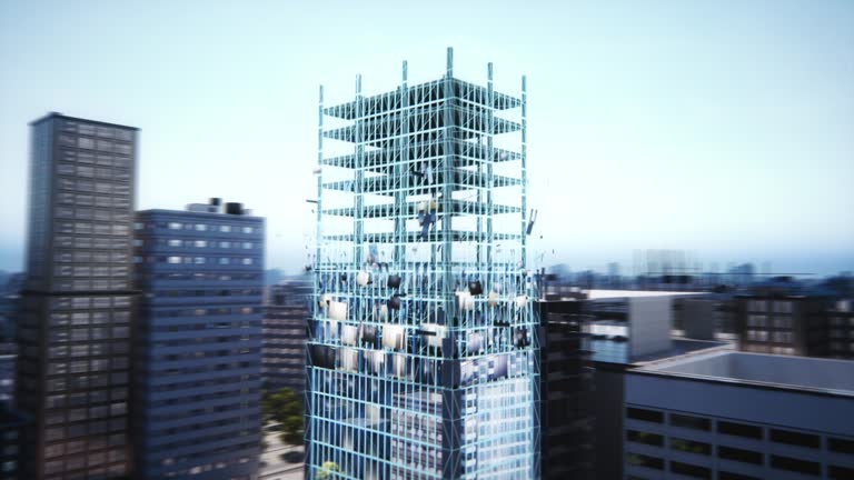 Tracking 360 Aerial Drone Footage From Megapolis City Construction Site: 3D VFX Visualization Of Modern Skyscraper Being Built. Digitalization Of New Real Estate Development Project, Urban Planning.