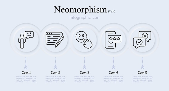 Feedback line icon set. Bad review, rating, application, comment, emoji, website, phone. Neomorphism style. Vector line icon for Business