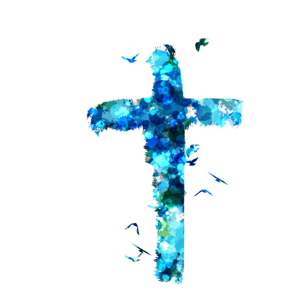 istock Cross silhouette in hand-painted style. Colorful religion symbol with flying birds 2129500370