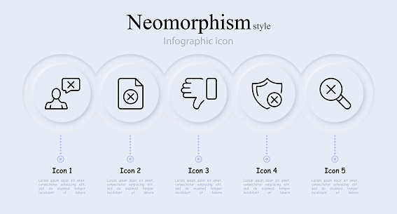 Cancel line icon set. Cross, shield, thumbs down, search, mail, smartphone, monitor, password, verification. Neomorphism style. Vector line icon for Business