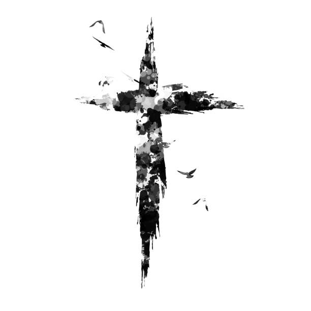 istock Cross silhouette in hand-painted style. Religion symbol with flying birds 2129500536