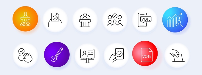 Voting icon set. Ballot, vote, popularity, rating, candidate, pedestal, deputy, president. Neomorphism style. Vector line icon for business and advertising