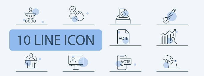 Voting icon set. Hand, ballot, candidate, president, parliament, deputy, check mark, pencil. 10 line icon style. Vector line icon for business and advertising