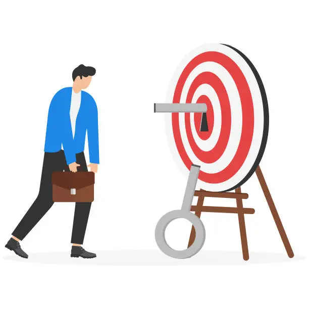 Vector illustration of Wrong solution cause business failure, fail to achieve goal, disappointment from unsuccessful project concept. Businessman sadly sitting on floor after he could not unlock key on archery target.