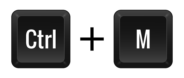 CTRL M Key combination. Keyboard, control, computer, shortcut, laptop, functional, input device, peripheral, enter the text, typing, type, hotkeys, layout, language, qwerty. Vector illustration