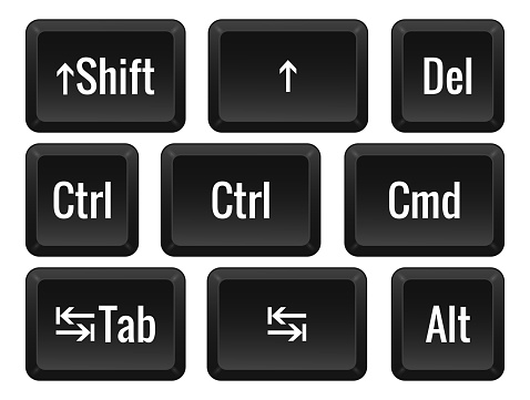 Computer keys. Shift, arrow up, del, ctrl, control, cmd, command, tab, tabulation, alt. Hotkeys, combination, macro, shortcut, input, enter, type, layout, computer, laptop. Vector illustration