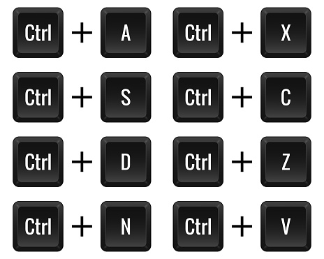 Keyboard combinations. Ctrl with A, S, D, N, X, C, Z, V. Hotkeys, control, macro, shortcut, command, input, enter, type, layout, computer, laptop key. Select all, save, new, cut off, copy, undo, paste