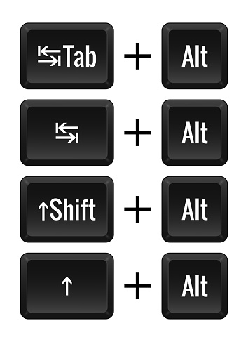 Keyboard combinations of Alt with Tab, Shift. Hotkeys, control, macro, shortcut, command, input, enter, type, layout, computer, laptop key, functional, tabulation, arrows. Vector illustration