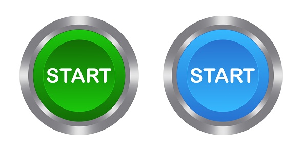 Start green and blue buttons with metal base. Push, press, control, manipulation, key. Starter, beginning, onset, opening, launch, run the program, turn on, switch, activate, plug in, install, contact
