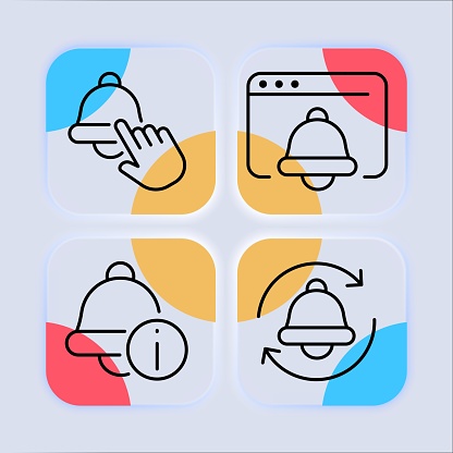 Alarm clock set line icon. Bell, morning, ringing, sleep, clock, bell, getting up, work, time, arrow, school. Glassmorphism style. Vector line icon for business and advertising