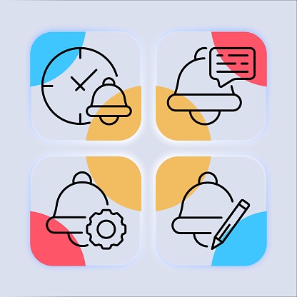 Bell set line icon. Alarm clock, bell, getting up, ringing, sleep, clock, work, time, arrow, school. Glassmorphism style. Vector line icon for business and advertising
