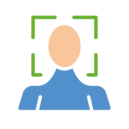Man with scanner frame. Biometry, biometrics, personal data, identity verification, id confirmation, recognize, recognition, fingerprint, DNA, security check, face. Colorful icon on white background