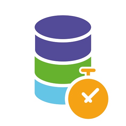 Database with a timer. Clock, data, storage time, limited, stopwatch, store, organized, table, spreadsheets, request to withdraw information, sql. Colorful icon on white background