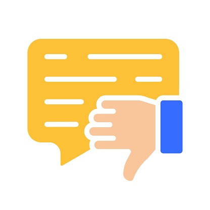 Speech bubble with dislike gesture. Thumbs down, review, rating, rate the service, feedback, comment, evaluate, communication, article, online. Colorful icon on white background
