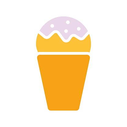 Ice cream in a waffle cup. dairy, dessert, sweet, vanilla, fast food, takeaway, street, delicious, cold, gelato, milk, fruity, topping, tasty, yummy. Colorful icon on white background