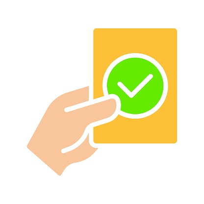 Hand holding card with green check mark. Tick, approved, allow, agree, confirm, agreement, invited expert badge, guest, admitted, approval. Colorful icon on white background