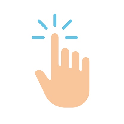 Hand pressing the button. Finger, fingerprint, scan, scanner, tap, push, swipe, touch screen, control gestures, panel, user, biometry, id verification. Colorful icon on white background