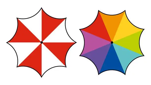 Vector illustration of Rainbow colored umbrella and white and red umbrella. Protection from rain and sun, beach, sea, bad weather, precipitation, tools, bright, colorful, childish, meteorology, vacation, parasol. Vector
