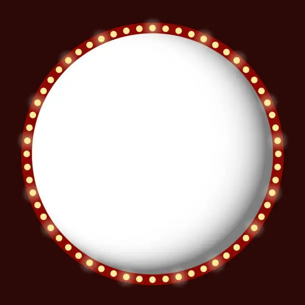 Vector illustration of Round lightbox. Empty white background, retro light bulbs. Cinema, show, shine, frame, advertising, backlight, attract attention, bright, festive, carnival. Vector illustration