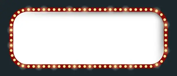Vector illustration of Rectangular lightbox. Empty white background, retro light bulbs. Cinema, show, shine, frame, advertising, backlight, attract attention, bright, festive, carnival. Vector illustration