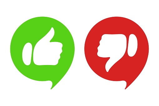 Green and red speech bubbles with like dislike gestures. Approve, disapprove, correct actions, incorrect, fail, advice, tips, right, advise, avoid mistakes, pros cons, do dont, lifehack, wrong. Vector