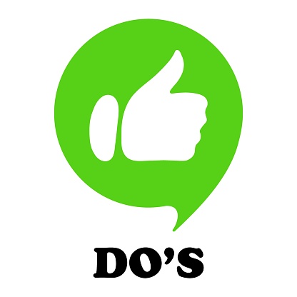 Green speech bubble with do s text and like gesture. Approve, correct actions, incorrect, fail, advice, tips, right, advise, avoid mistakes, lifehack, dont, wrong. Vector illustration