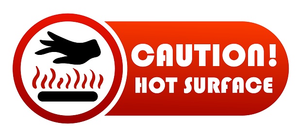 Hot surface banner. Caution, dont touch, hand, scalding, threat of burning, fire, heat, heating, warning sign, prevention, be careful, scorge, singe, sting, burn. Vector illustration