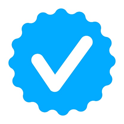 White tick in blue circle with wavy outline. Approved, official account, legal, verified, verify, safe, safety, personal data protection, defense, identity, checkmark. Vector illustration