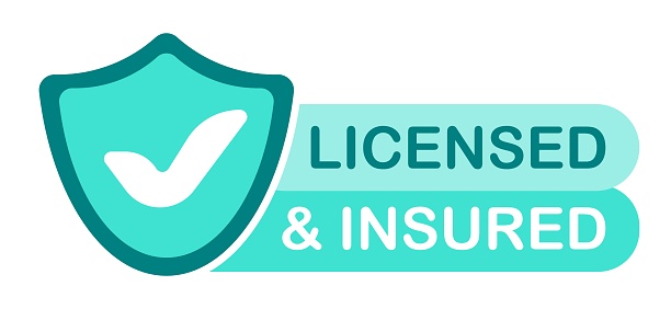 Licensed and insured blue banner with shield. Legal, law, official, insurance company, license, certificate, approved, tax, home, property, health, announcement, advertising. Vector illustration