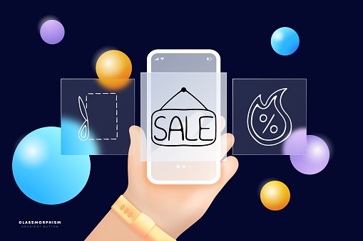 Discounts set line icon. Gift, Black Friday, congratulations, sale, coupon, embroidery, credit, hot price. Glassmorphism. UI phone app screens. Vector line icon