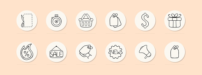 Discounts set line icon. Gift, Black Friday, congratulations, sale, coupon, embroidery, credit, hot price. Pastel color background Vector line icon for business and advertising