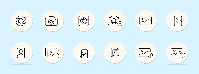 Camera line icon. Versatile, high-resolution, professional-grade, photography, innovation, precision, compact, lightweight. Pastel color background. Vector line icon for business and advertising