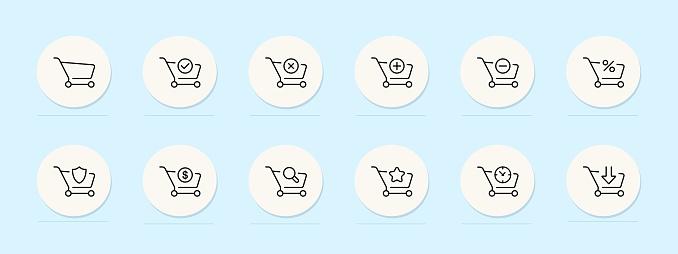 Grocery carts line icon. Farmer's market, produce, organic, locally sourced, seasonal, colorful, variety, nutrition. Pastel color background. Vector line icon for business and advertising