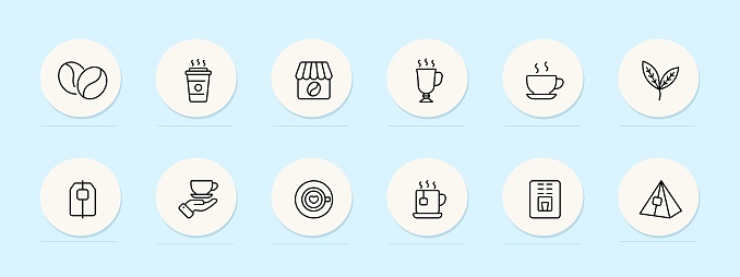 Coffee shop line icon. Cozy, interior, rustic decor, specialty coffees, pastries, atmosphere. Pastel color background. Vector line icon for business and advertising